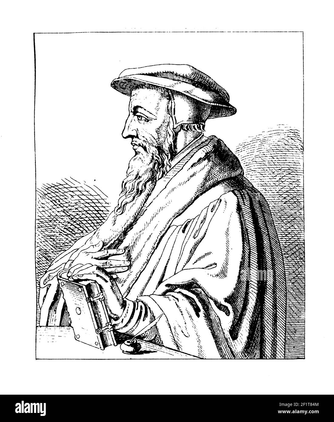 Gravure d'époque d'un portrait de Jean (Jean) Calvin, théologien et pasteur français. Calvin est né le 10 juillet 1509 à Noyon, Picardie, France et di Banque D'Images