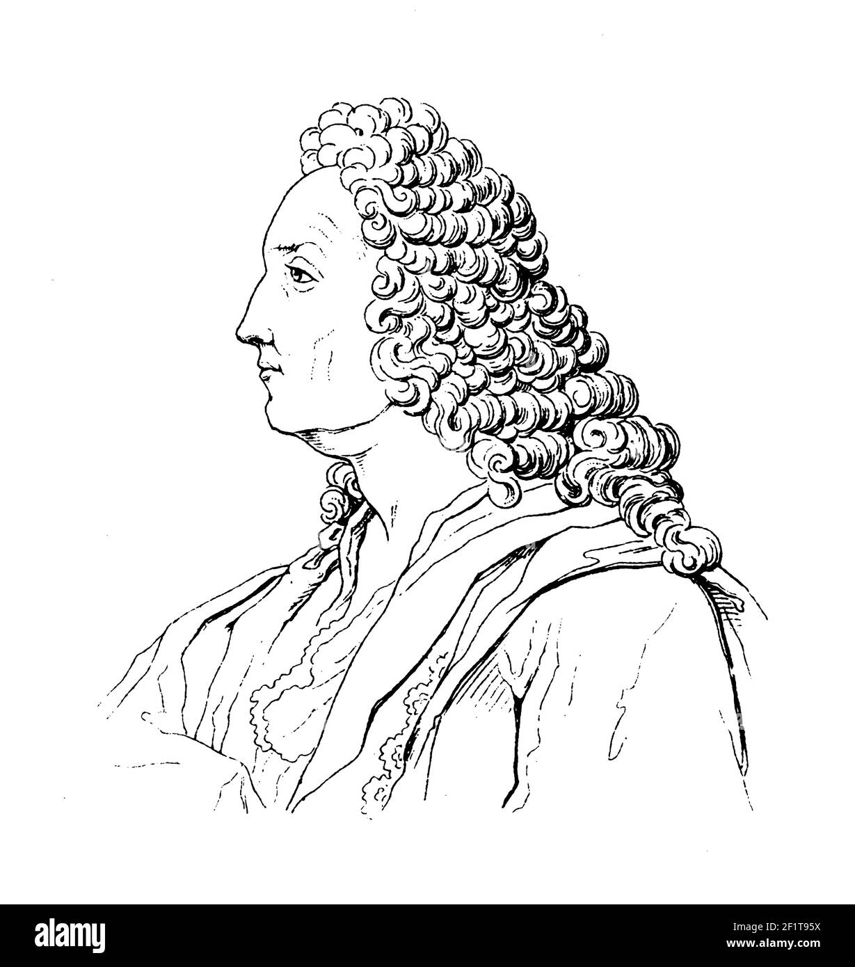Gravure antique d'un portrait de Johann Bernoulli, mathématicien suisse. Il est né le 27 juillet 1667 à Bâle, en Suisse, et est décédé le 1er janvier 17 Banque D'Images