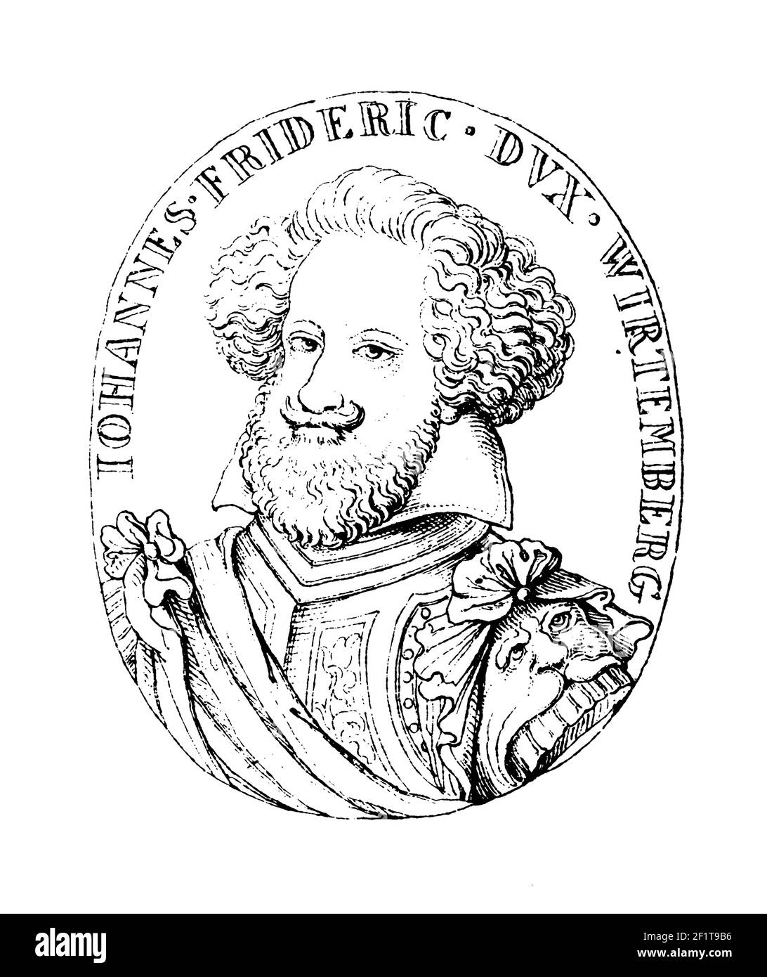 Illustration antique d'un portrait de Johann Frederick, duc de Wurttemberg. Né le 5 mai 1582 à Montbeliard, en France, il meurt le 18 juillet 1628. Ang Banque D'Images