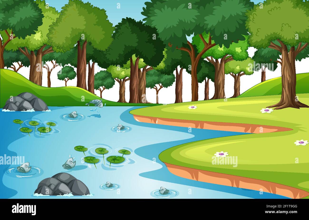 Nature forêt paysage scène avec beaucoup de poissons dans le ruisseau illustration Illustration de Vecteur