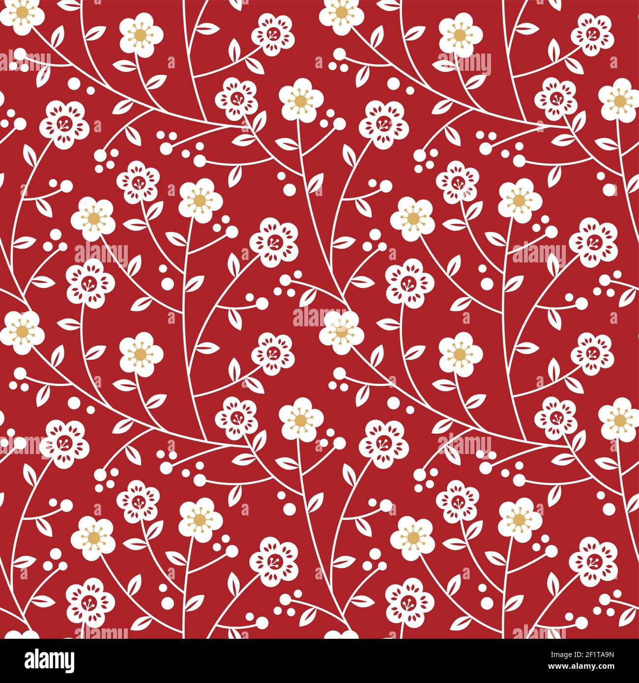 Illustration d'un motif de fleur de prune chinoise sans couture. Branche florale rouge et or décoration naturelle pour l'événement culturel asiatique traditionnel Illustration de Vecteur