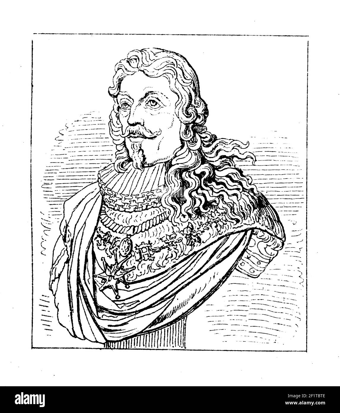 Gravure antique d'un portrait de Louis XIII, roi de France et Navarre. Il est né le 27 septembre 1601 à Château de Fontainebleau, France et d Banque D'Images