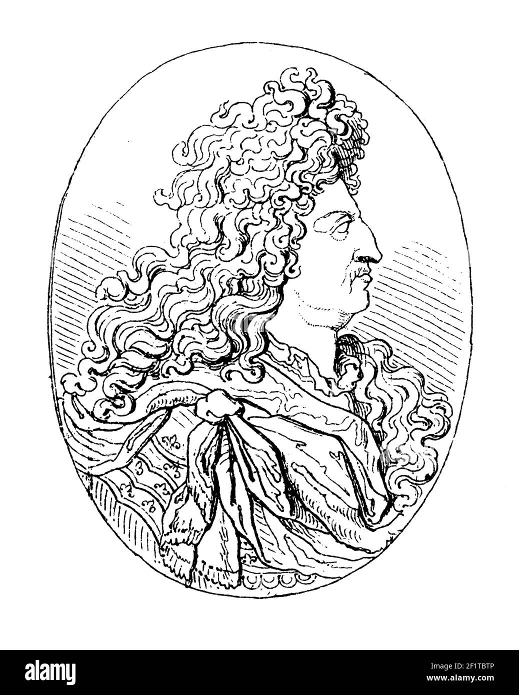 Illustration antique du XIXe siècle d'un portrait de Louis XIV (le Roi Soleil), Roi de France et de Navarre. Il est né le 5 septembre 1638 à Saint- Banque D'Images