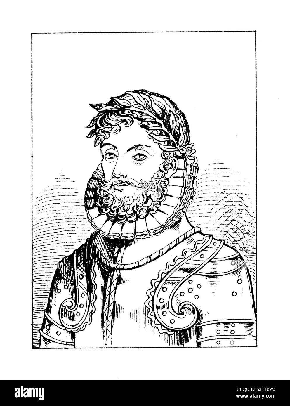 Gravure antique du XIXe siècle d'un portrait de Luis de Camoes, poète portugais. Né en 1524, il meurt le 10 juin 1580 à Lisbonne, au Portugal. Illustrat Banque D'Images