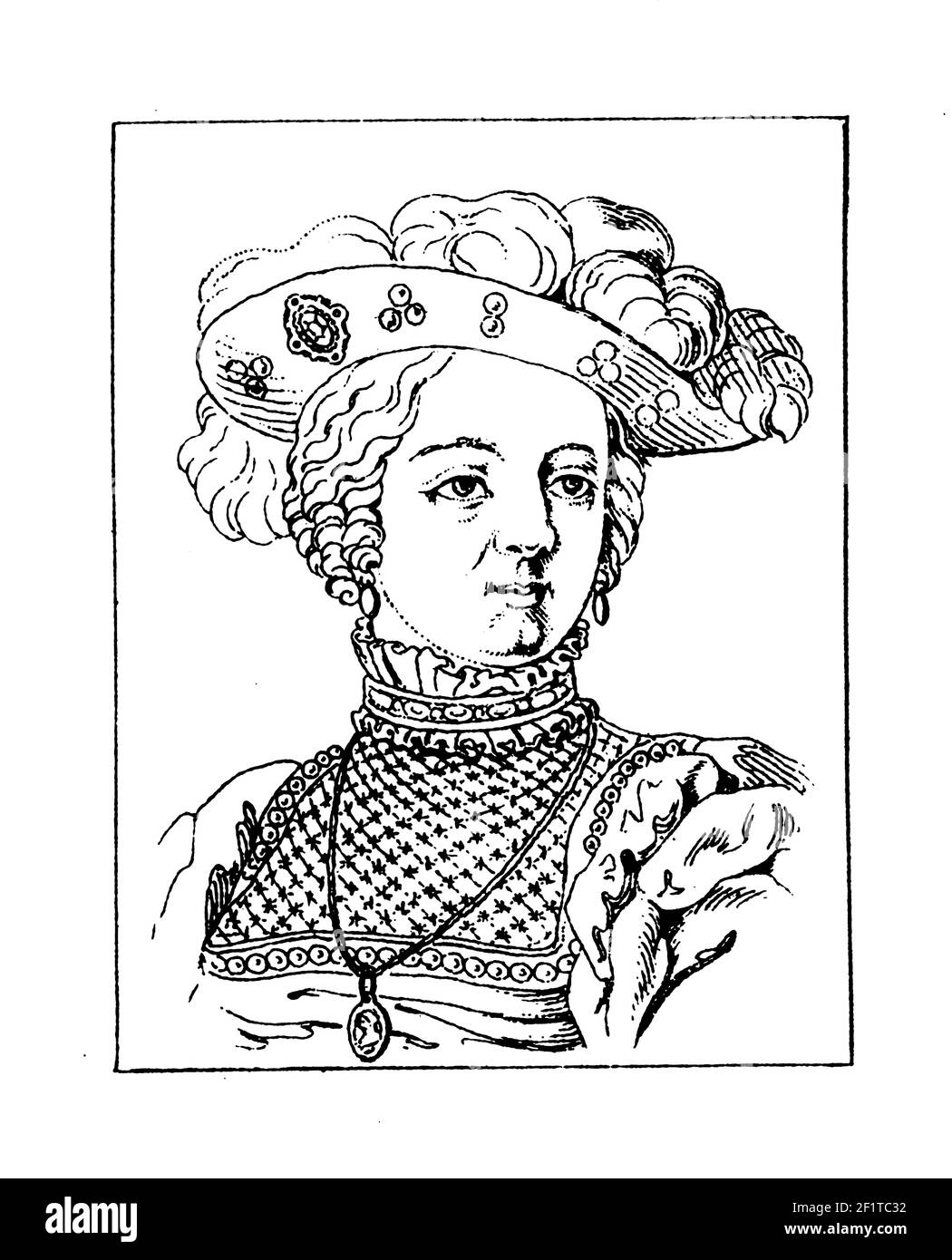 Gravure antique d'un portrait de Margaret de Valois, Reine de France et de Navarre. Elle est née le 14 mai 1553 au Château de Saint-Germain-en-Lay Banque D'Images