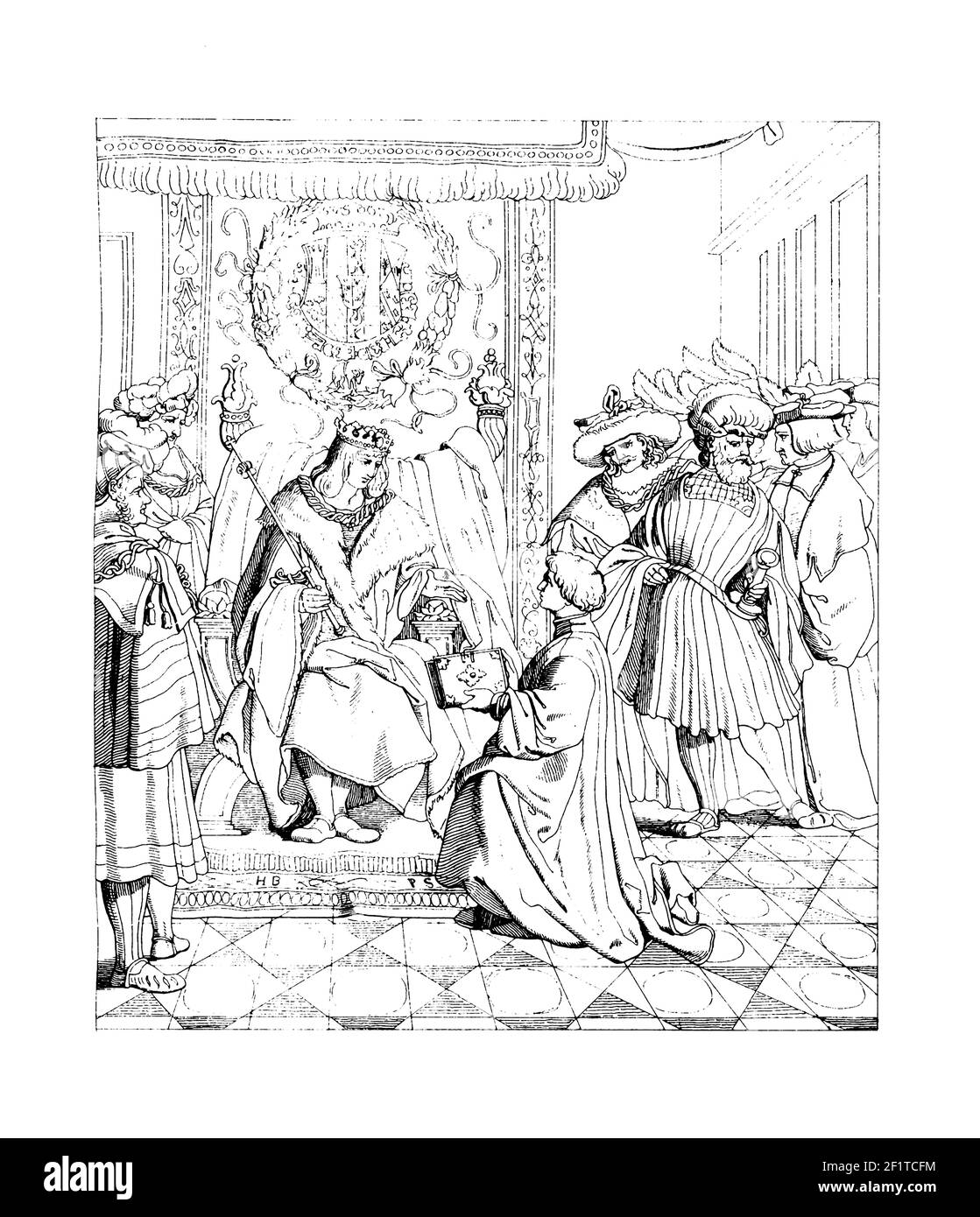 Gravure antique décrivant Marx Treitzseurwein s'agenouillant à Maximilien I. Illustration publiée dans Bilder-Atlas zur Weltgeschichte nach Kunstwe Banque D'Images