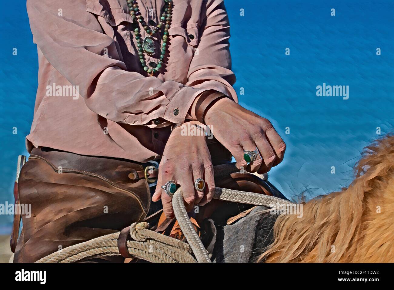 États-Unis, Colorado, comté de Custer, Westcliffe, Music Meadows Ranch. Détail de la main de ranch femelle dans une tenue de ranch typique de l'Ouest et bijoux turquoise. Banque D'Images