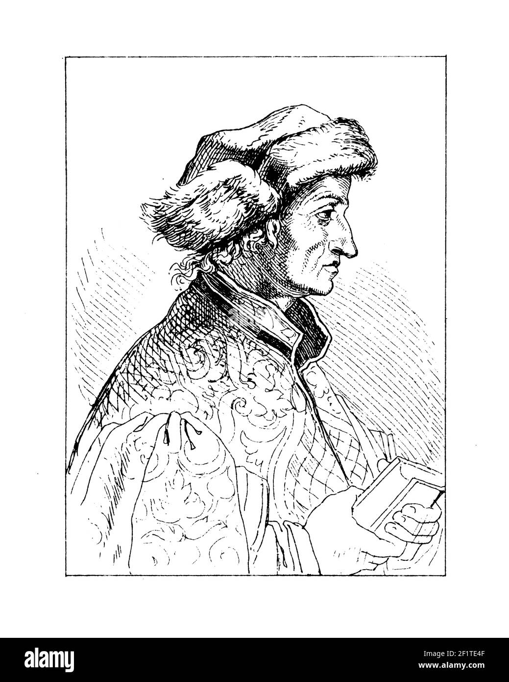 Illustration antique du XIXe siècle d'un portrait de Sebastian Brant, humaniste et satiriste français. Brant est né en 1457 à Strasbourg, Alsace, France Banque D'Images Illustration antique du XIXe siècle d'un portrait de Sebastian Brant, humaniste et satiriste français. Brant est né en 1457 à Strasbourg, Alsace, France Banque D'Images