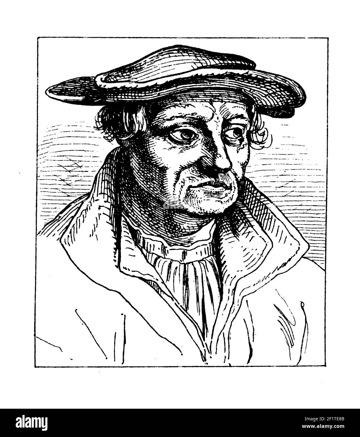 Illustration du XIXe siècle d'un portrait de Sebastian Munster, cartographe allemand, cosmographe et érudit. Il est né le 20 janvier 1488 à Ingelh Banque D'Images