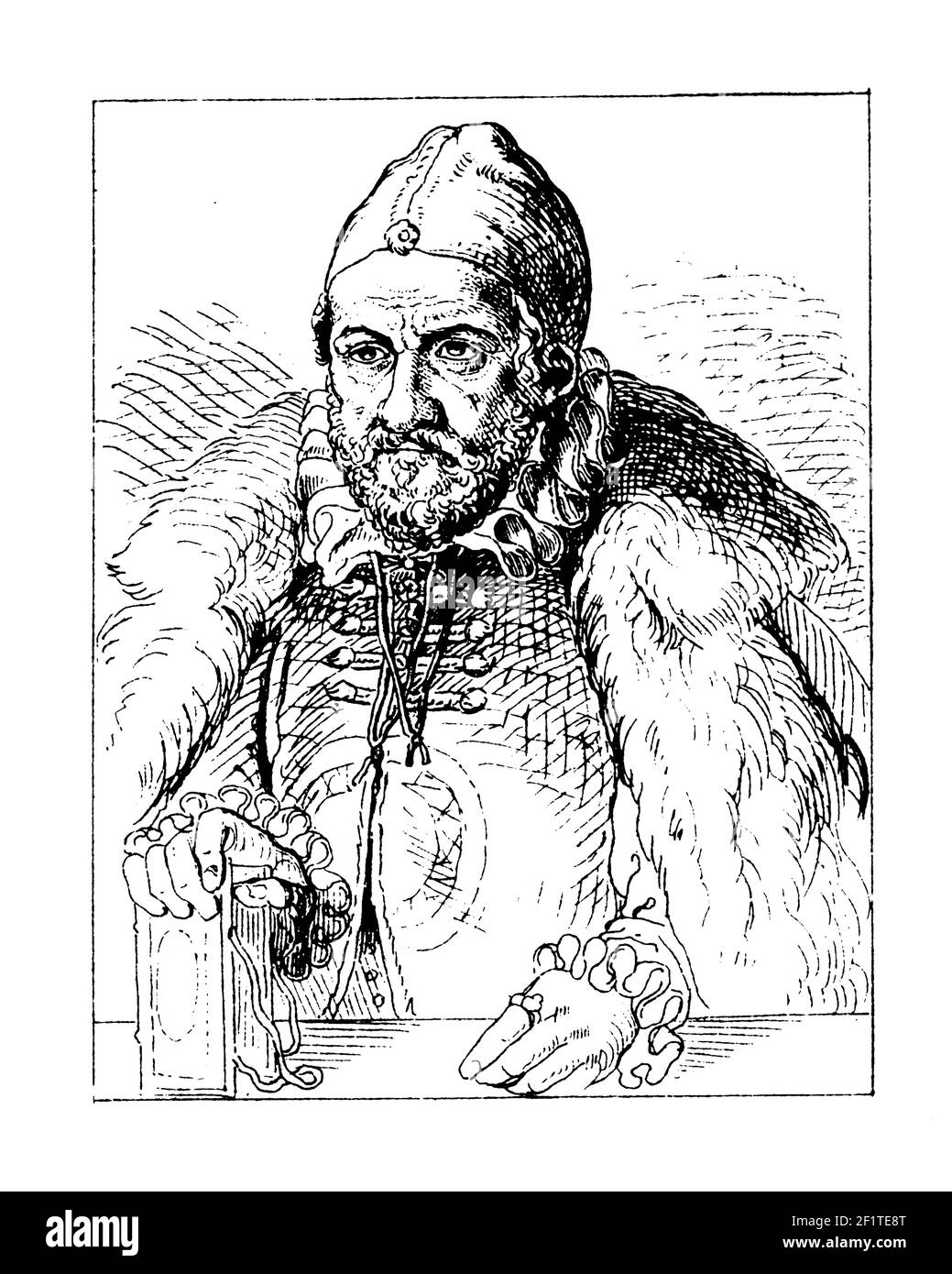 Illustration antique du XIXe siècle d'un portrait de Sigmund Feyerabend, imprimeur et éditeur allemand. Il est né en 1528 à Heidelberg, en Allemagne et à di Banque D'Images