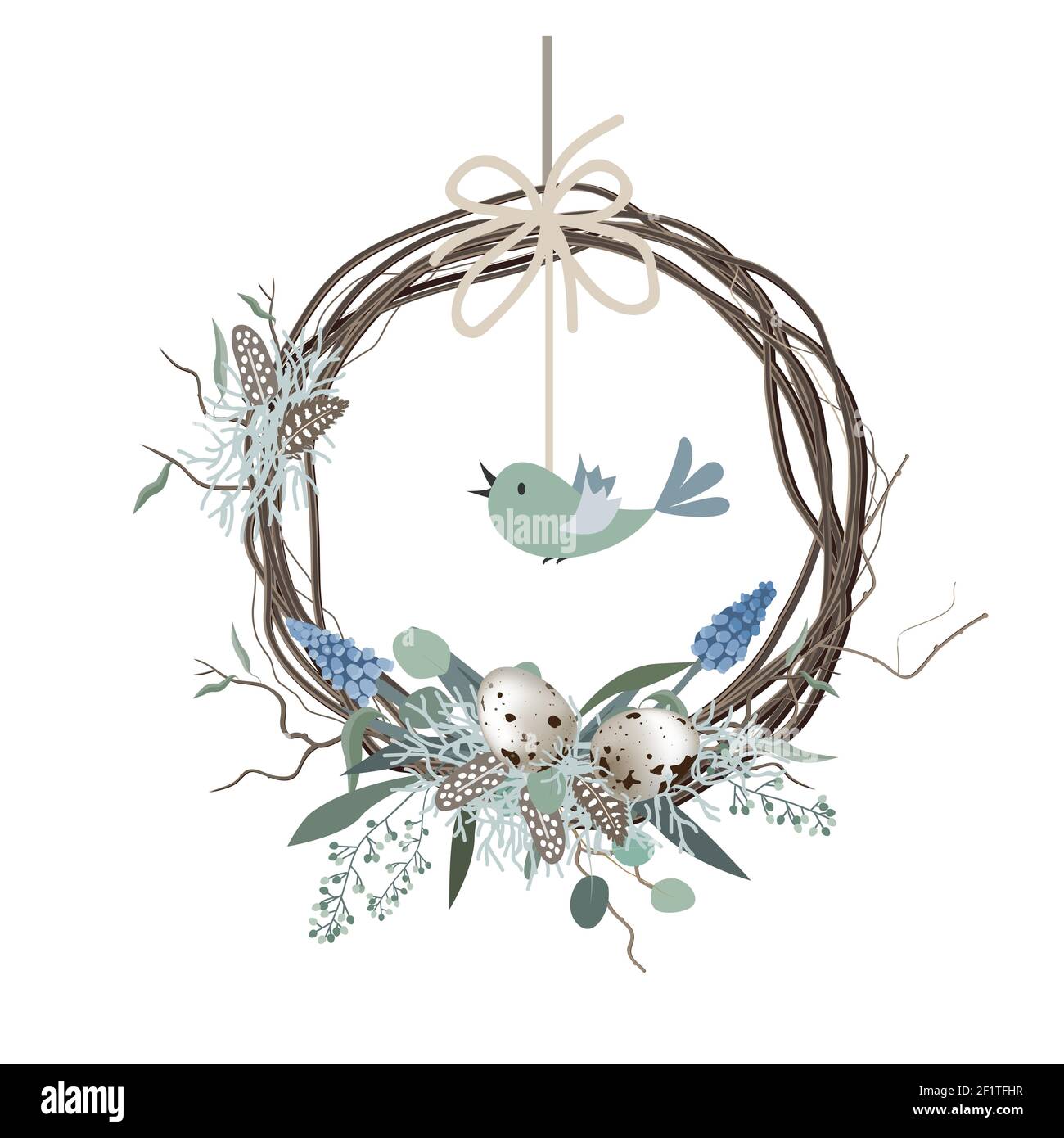 Carte de Pâques joyeuse, couronne de style scandinave avec œufs de couleur et plumes d'oiseau. Décoration printanière. Illustration vectorielle dessinée à la main isolée sur blanc Illustration de Vecteur