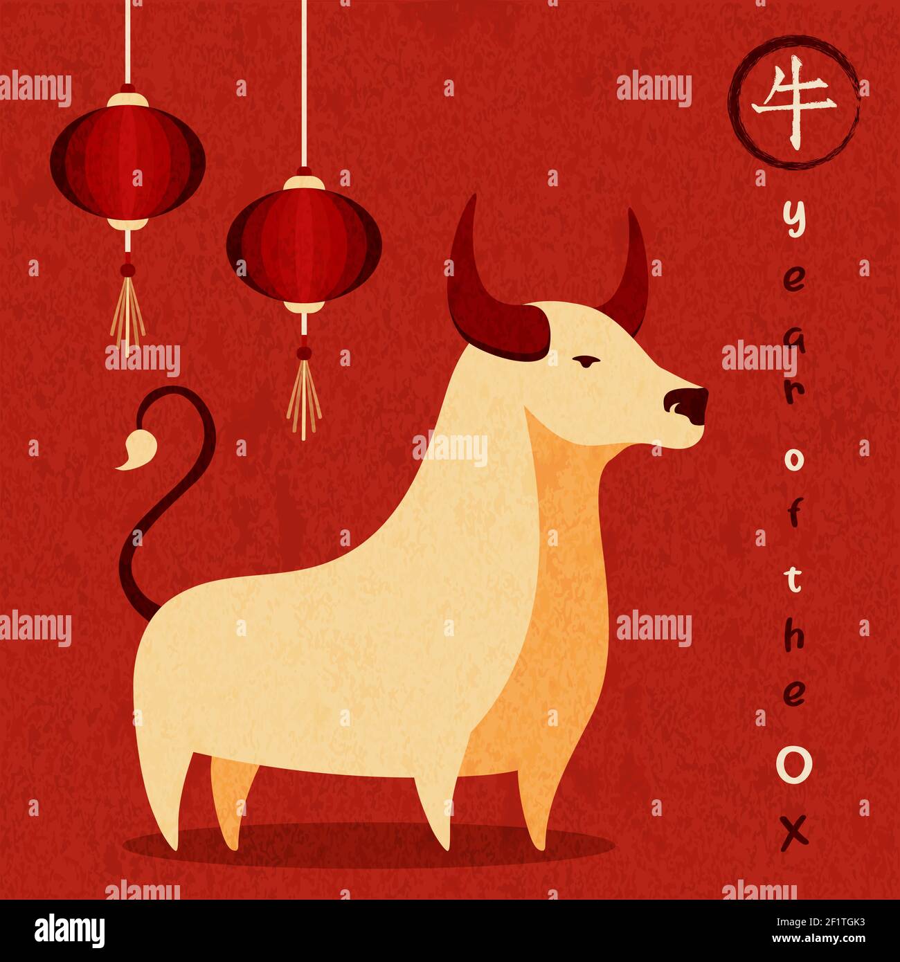 Illustration de la carte de vœux du nouvel an 2021 chinois heureux. Dessin animé animal taureau rouge avec décoration traditionnelle de lanterne en papier. Calligraphie tra Illustration de Vecteur