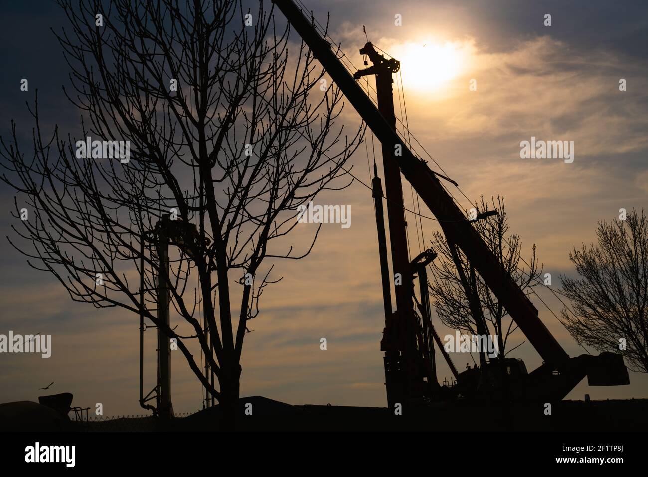 un paysage de lever/coucher de soleil. matériel de construction, ciel, oiseaux et branches d'arbres. symbole d'espoir et le chaos de la vie urbaine. signification symbolique et moi Banque D'Images
