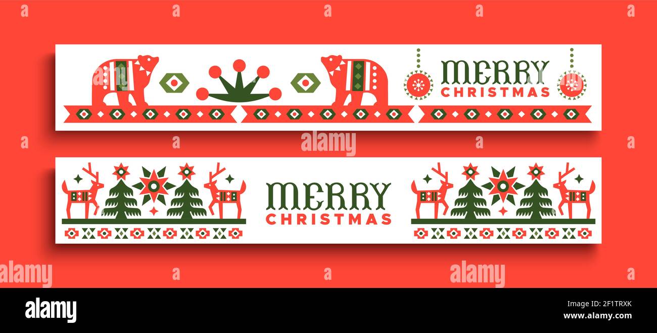 Merry Christmas fin bannière illustration ensemble de paysage traditionnel de forêt de style scandinave avec ours polaire et renne. Vintage nordic d Illustration de Vecteur
