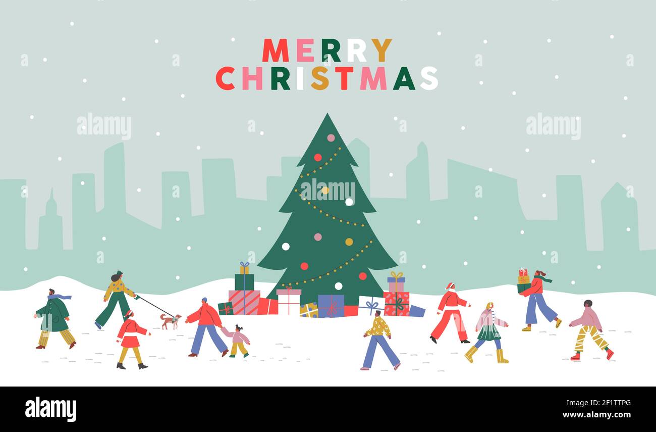 Carte de voeux de Noël joyeux illustration de la foule de gens divers marchant dans le paysage de neige avec grand pin de Noël et des cadeaux. Scène des fêtes de fin d'année i Illustration de Vecteur