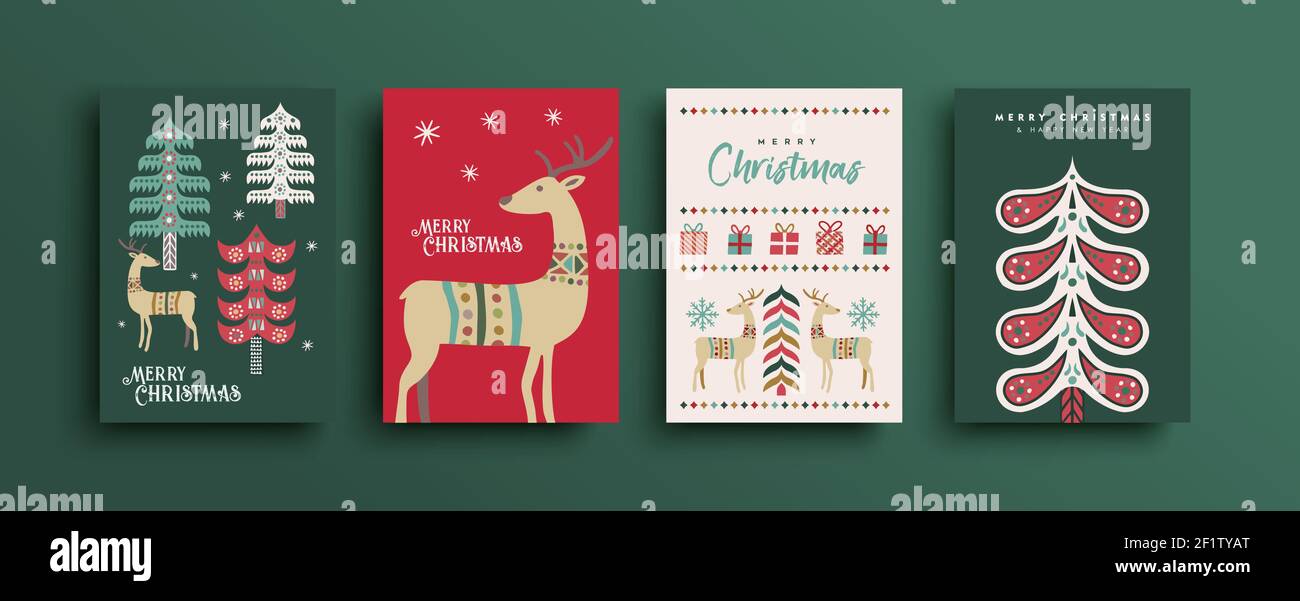 Joyeux Noël ensemble de cartes de vœux du nouvel an. Collection vintage folk art de vacances avec décoration traditionnelle de forêt nordique. Inclut le pin Illustration de Vecteur