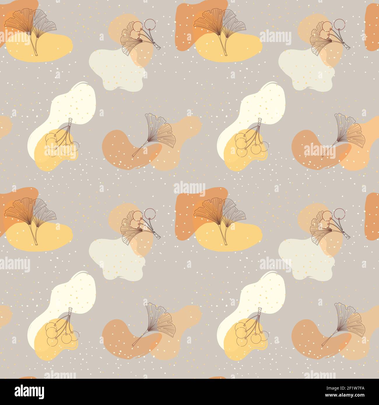 Motif vectoriel sans couture de couleurs orange, marron, gris et beige. Abstrait avec des feuilles de ginkgo et des baies cottage noyau Illustration de Vecteur
