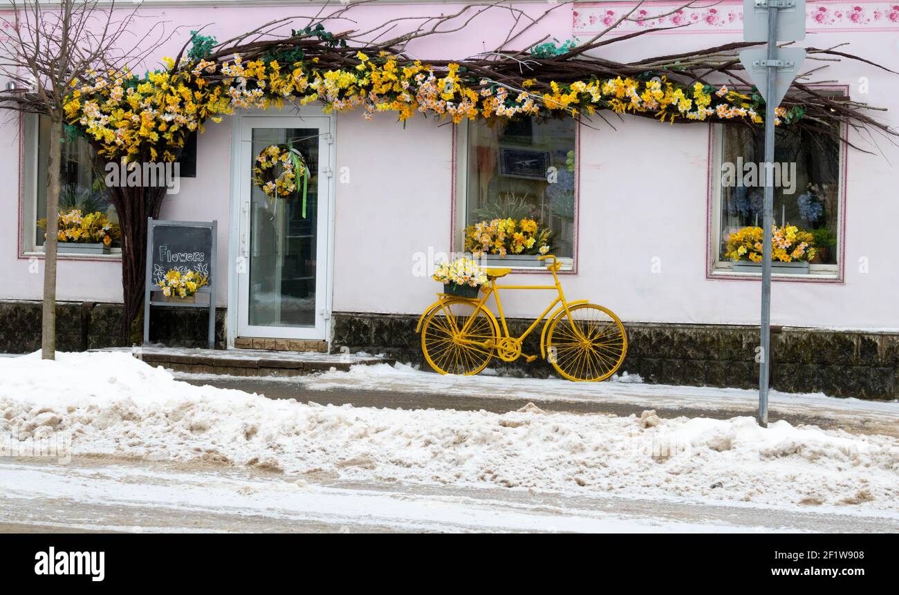 Fleuriste de style vintage, vélo jaune avec panier et jonquilles Photo  Stock - Alamy