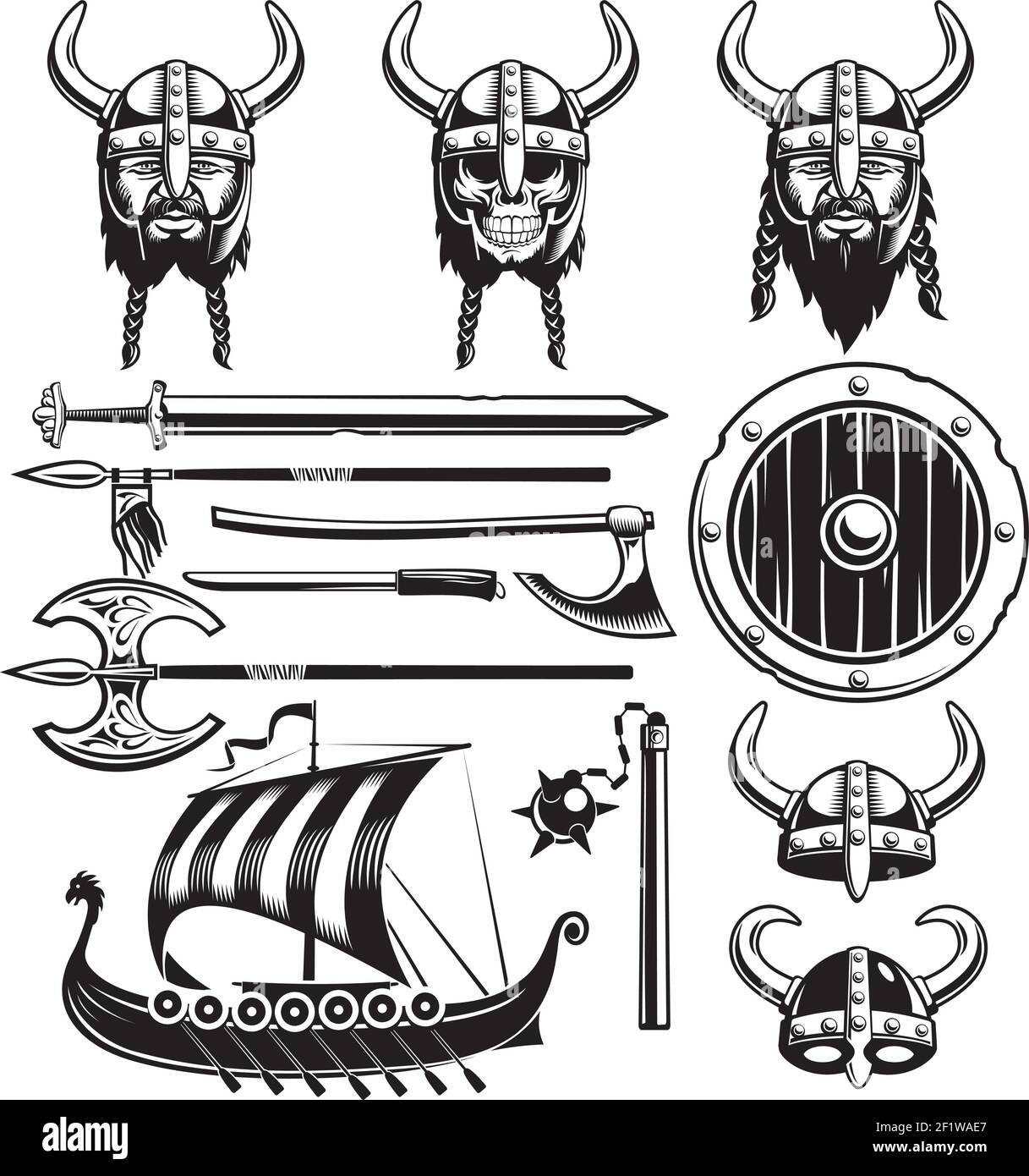 Vintage viking éléments ensemble avec navire corned casques crâne barbu illustration vectorielle isolée face et arme Illustration de Vecteur