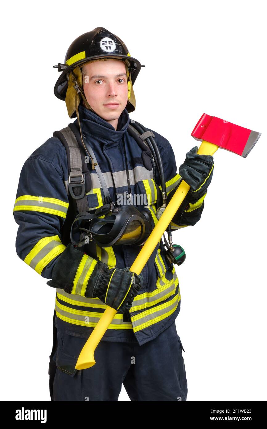 Jeune homme souriant en uniforme de pompier Banque D'Images