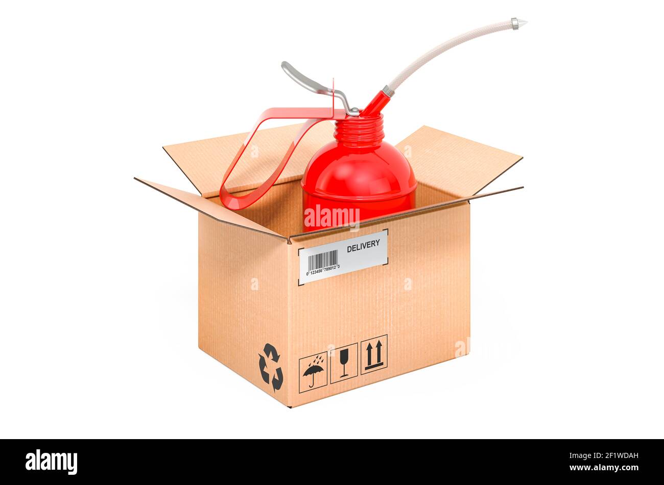 Lubrificateur, burette d'huile rouge à l'intérieur de la boîte en carton, concept de livraison. Rendu 3D isolé sur fond blanc Banque D'Images