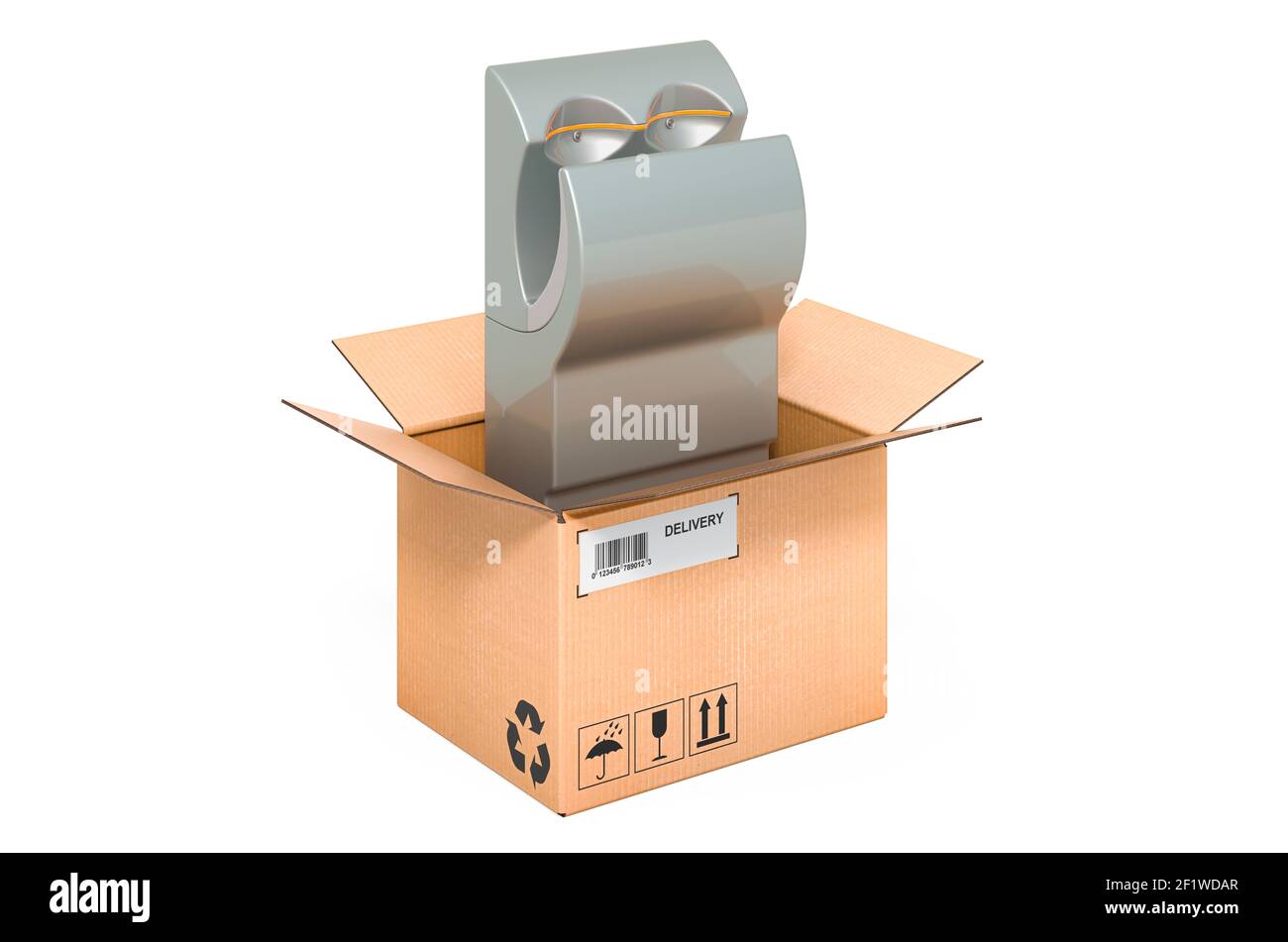 Sèche-mains à l'intérieur de la boîte en carton, concept de livraison. Rendu 3D isolé sur fond blanc Banque D'Images