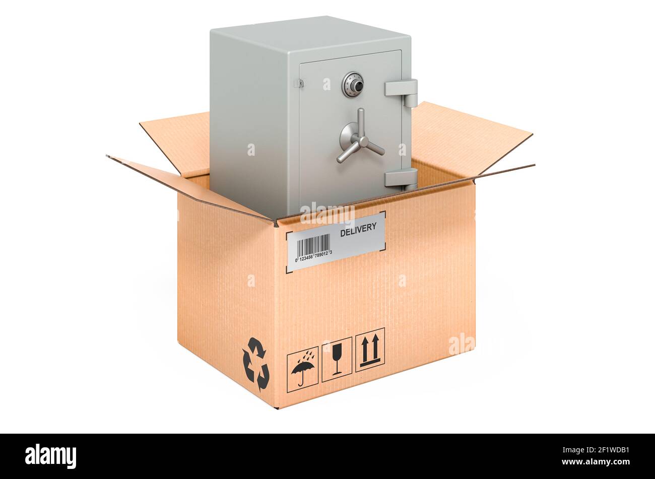 Boîte coffre-fort combinée à l'intérieur de la boîte en carton, concept de livraison. Rendu 3D isolé sur fond blanc Banque D'Images