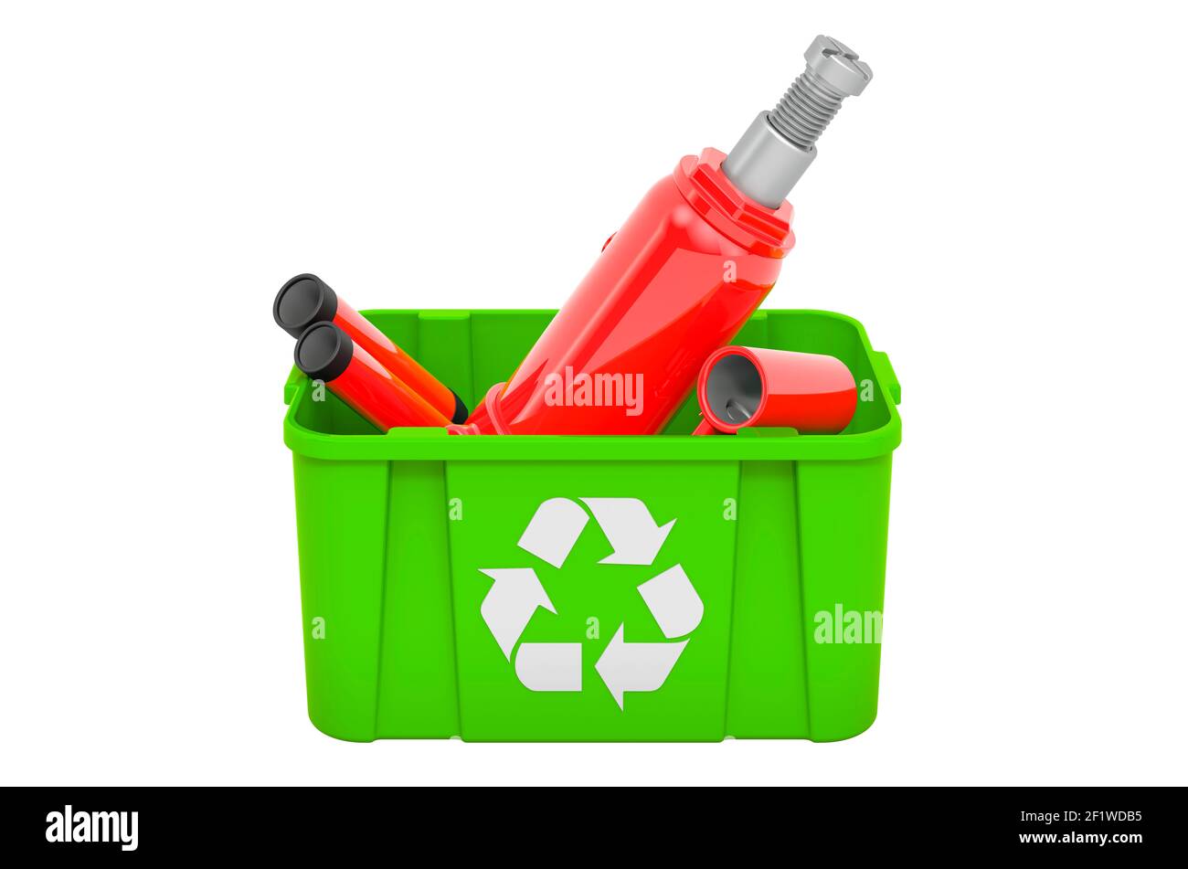 Poubelle de recyclage avec cric-bouteille hydraulique, rendu 3D isolé sur fond blanc Banque D'Images