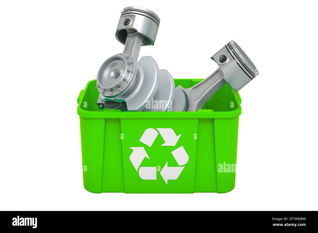 Poubelle de recyclage avec pistons de moteur, rendu 3D isolé sur fond blanc Banque D'Images