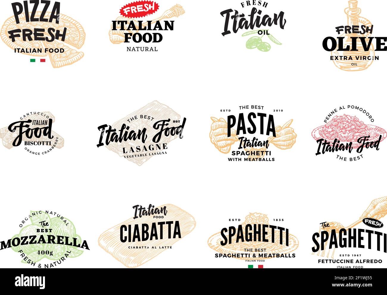 Esquisser la collection de logotypes alimentaires italiens pour la conception de produits avec traditionnel illustrations vectorielles isolées plats et repas Illustration de Vecteur