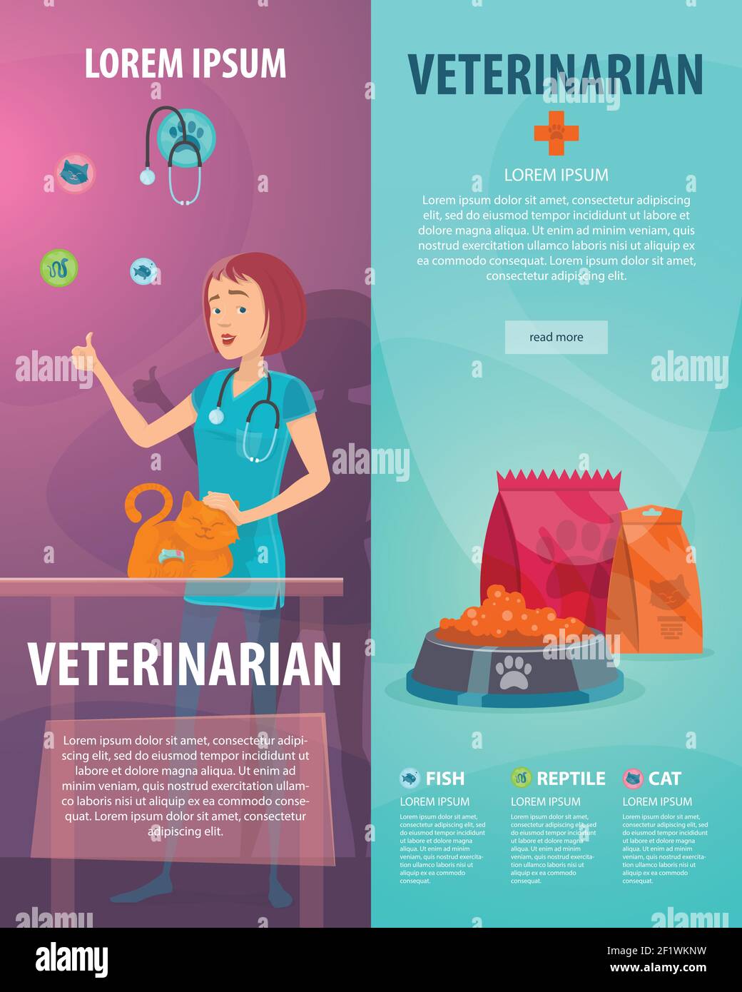 Bannières verticales de clinique VET avec le médecin d'animal de compagnie et de chat illustration du vecteur alimentaire animale Illustration de Vecteur