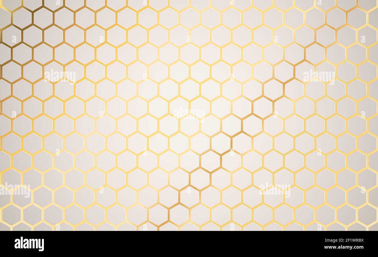 Illustration d'arrière-plan géométrique en forme d'hexagone avec une texture d'aluminium dorée de luxe. Surface en nid d'abeille 3d blanche, modèle d'espace de copie vide pour un design élégant Illustration de Vecteur