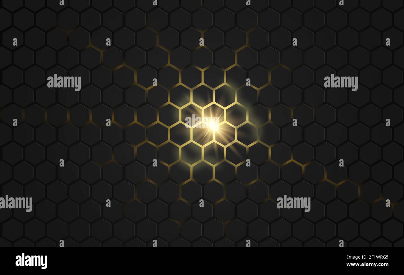 Illustration géométrique de fond en forme d'hexagone avec lumière dorée qui brille à travers les fissures. Surface de texture en nid d'abeille 3d noire, tente vide de l'espace de copie Illustration de Vecteur