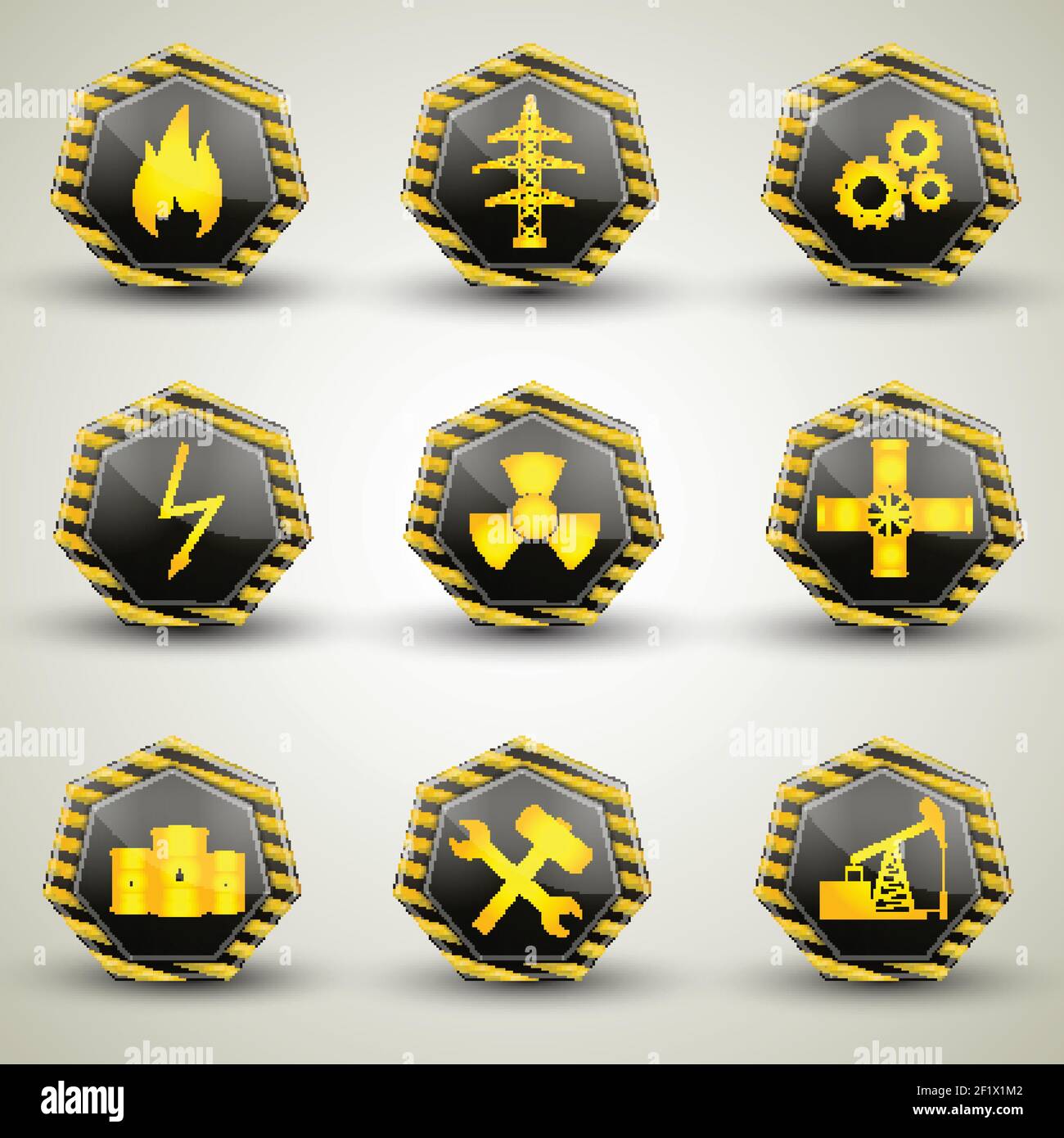 Icônes industrielles noires et jaunes avec divers panneaux d'avertissement illustration vectorielle plate isolée sur fond gris Illustration de Vecteur