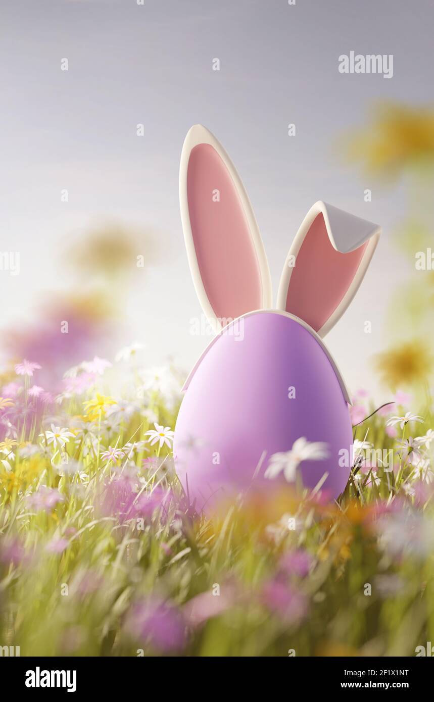 Un œuf de pâques de couleur pastel avec des oreilles de lapin dans un pré de printemps de fleur sauvage. Illustration 3D Banque D'Images