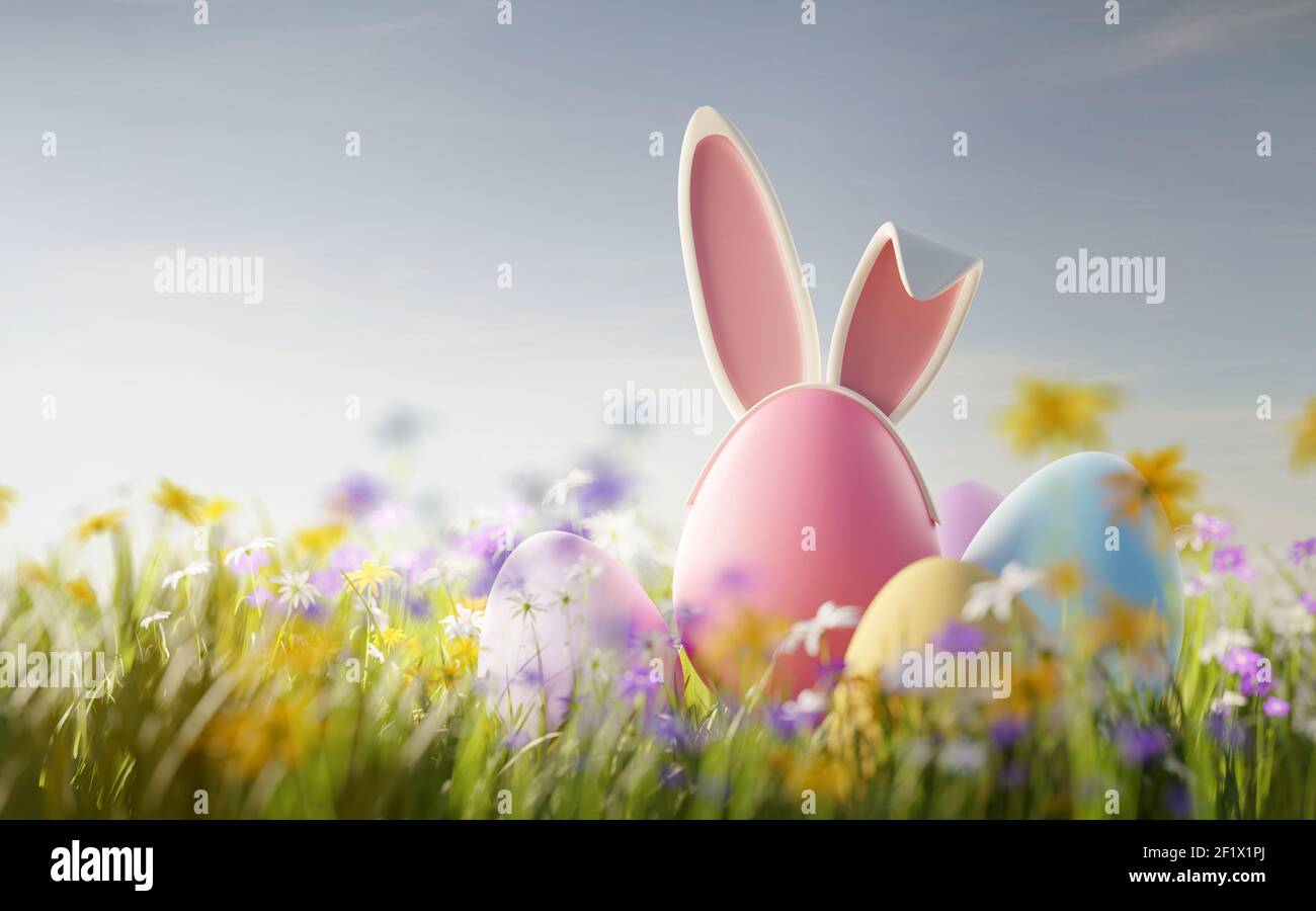 Chasse aux œufs de Pâques. Œufs de couleur pastel festifs avec oreilles de lapin dans une prairie de fleurs sauvages. Illustration 3D. Banque D'Images