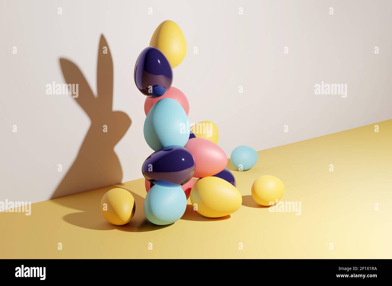 Résumé Printemps Pâques concept. Un bouquet d'oeufs de pâques décorés jetant une ombre en forme de lapin. Concept d'illustration 3D. Banque D'Images