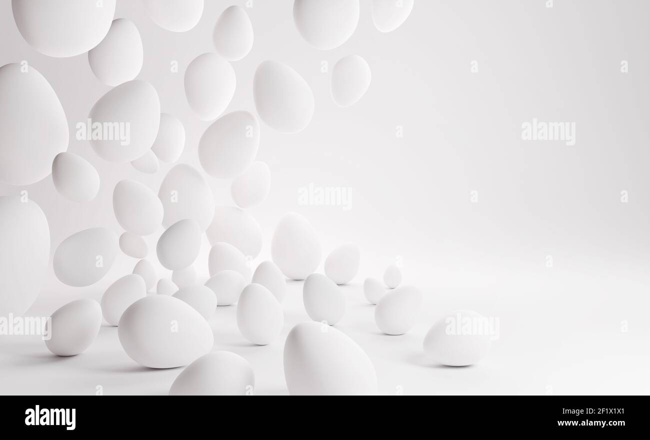 Arrière-plan minimal avec des œufs de pâques blancs. Illustration 3D. Banque D'Images