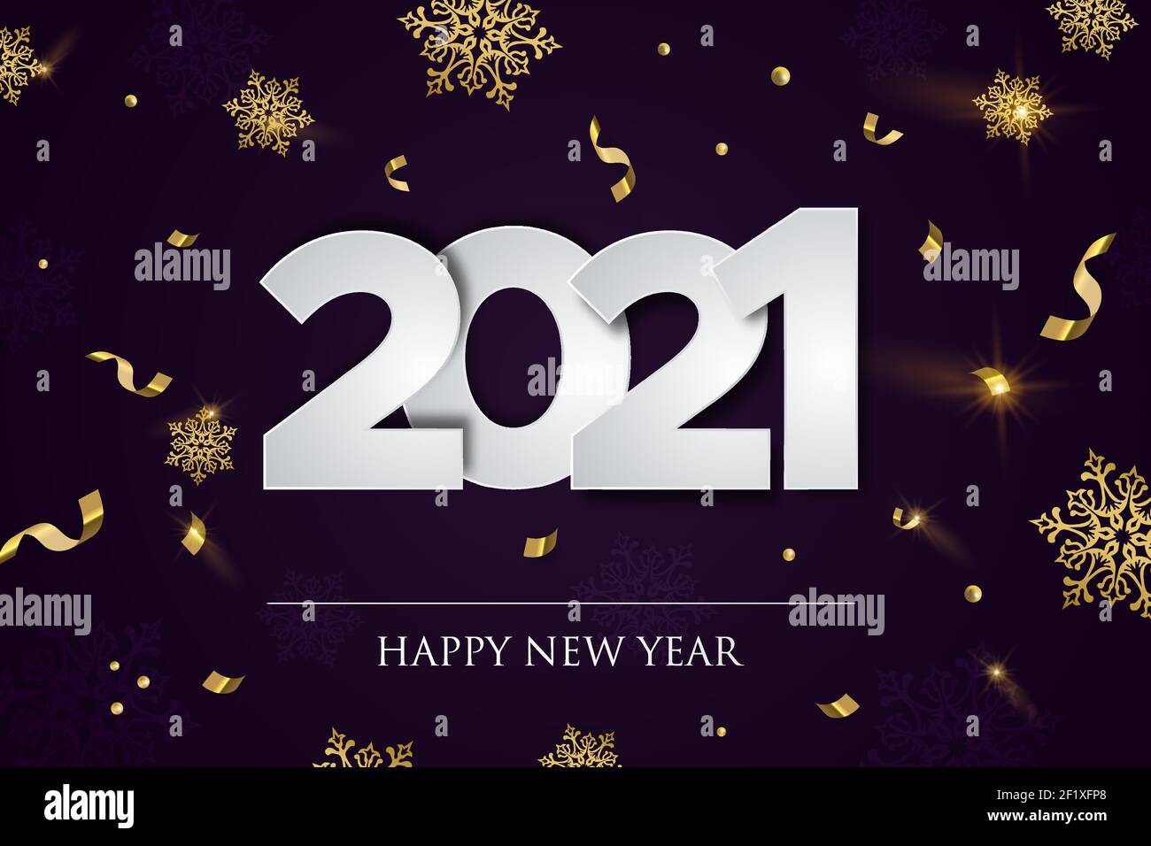 Carte de vœux du nouvel an 2021 illustration, concept de fête d'hiver de luxe avec confetti d'or et flocons de neige tombant. Elégant événement de fête d Illustration de Vecteur