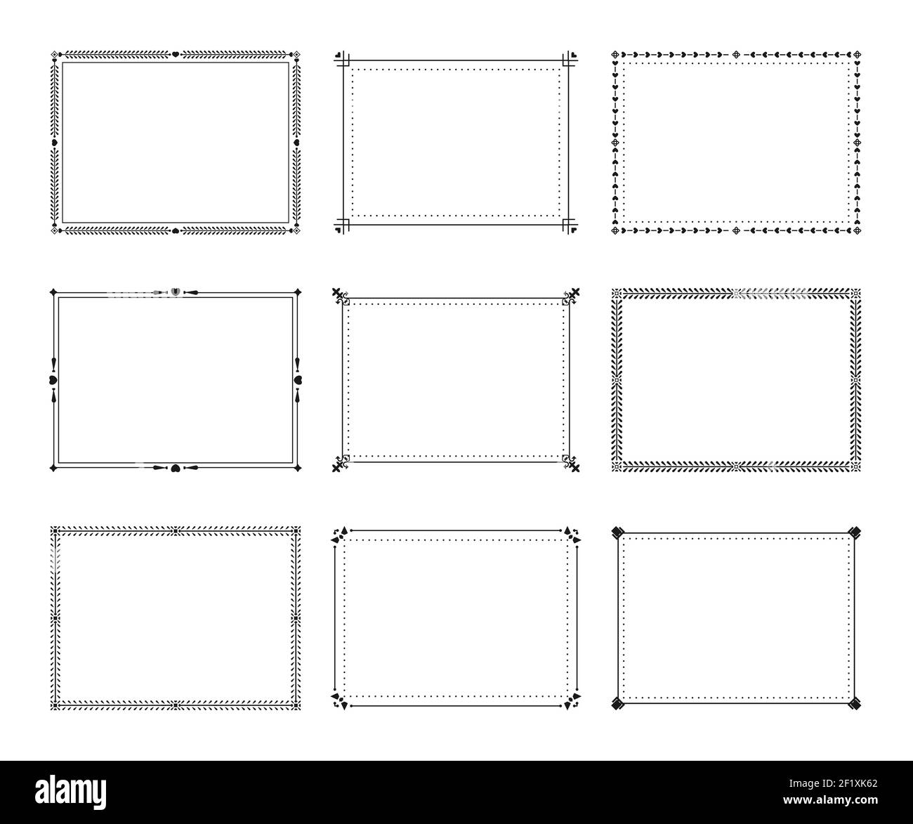 Ensemble de cadres calligraphiques vintage en filigrane noir. Bordures rétro et élégantes. Cadre de calligraphe ornemental et décorations florales ou coeur romantique idéal pour carte, certificat, livre Illustration vectorielle isolée Illustration de Vecteur