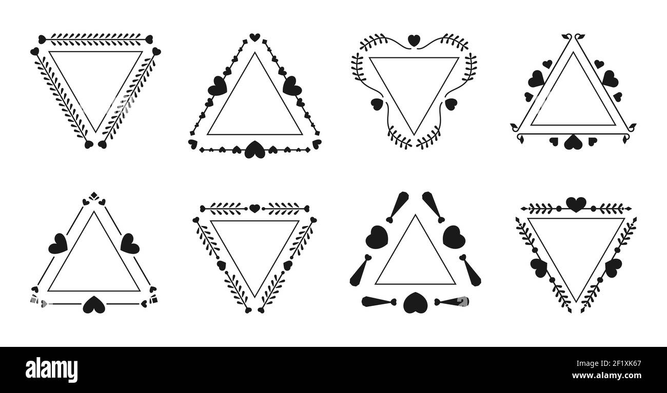 Tricorne avec coeur et cadre de ligne noire élégante parure. Bordure trigonale graphique vintage pour monogrammes, carte d'invitation de mariage texte, certificat. Cadres triangulaires Illustration vectorielle isolée Illustration de Vecteur