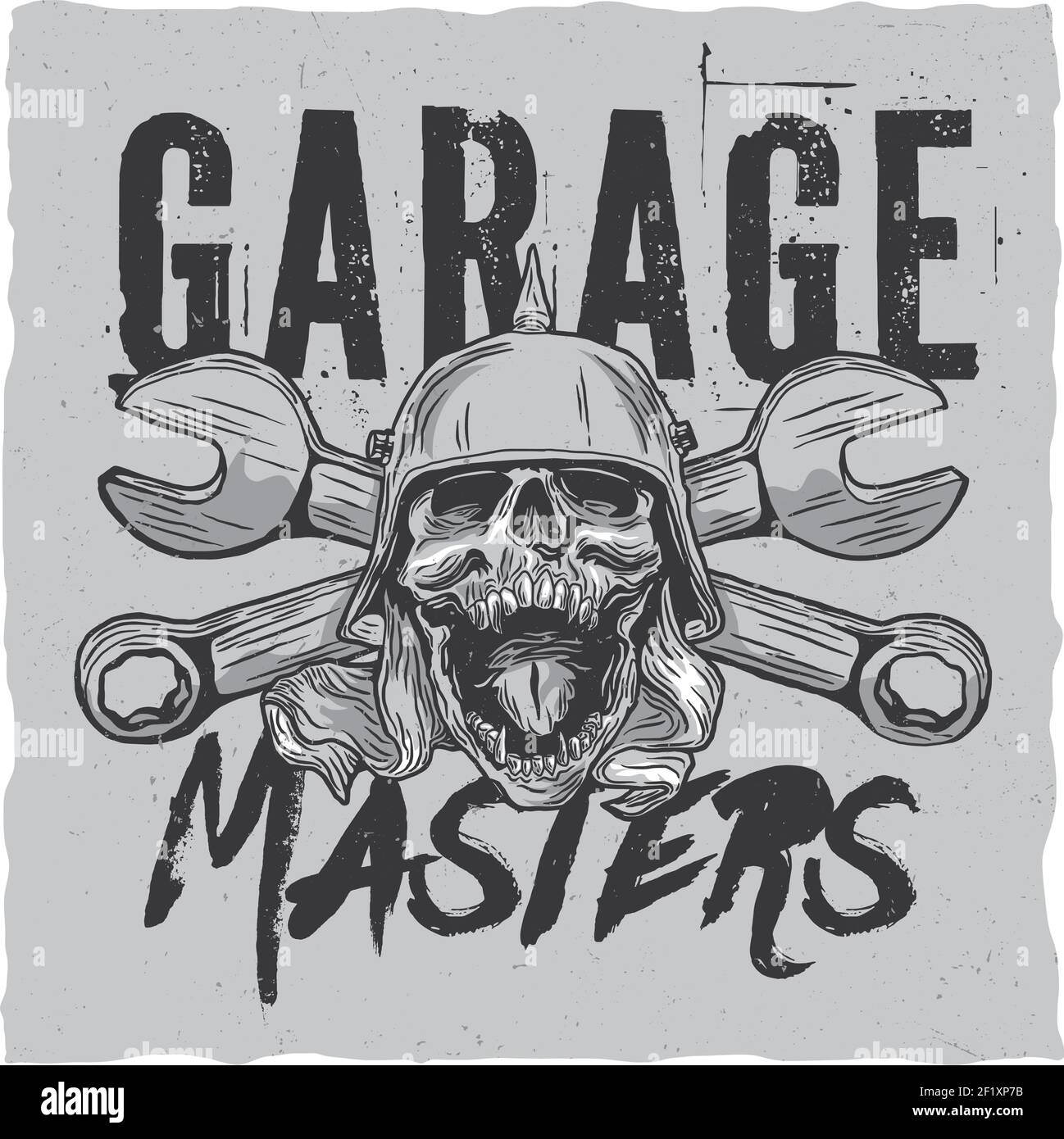 Garage maîtres t-shirt design étiquette avec illustraton de crâne à le casque avec une clé sur un arrière-plan Illustration de Vecteur