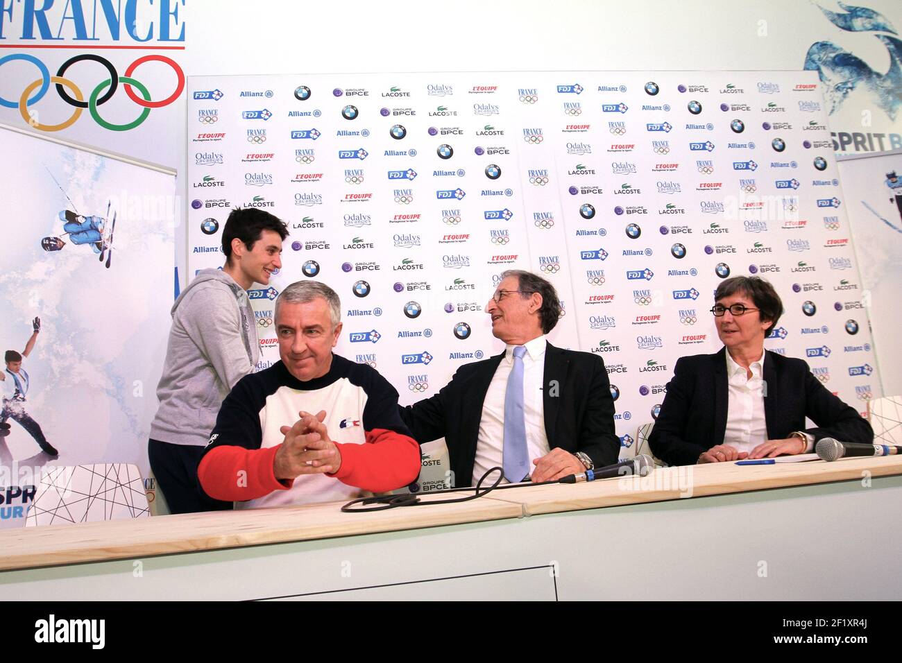 Nordic Combined Press Conference pendant les XXII Jeux Olympiques d'hiver Sotchi 2014, au Club France, jour 1, 7 février 2014 à Sotchi, Russie. Photo Pool KMSP / DPPILUc Tardif, Chef de la délégation française, Denis Masseglia, Président de la Comitée olympique française et Valerie Fourneyron, Ministre des Sports, avec Jason Lamy Chappuis Banque D'Images