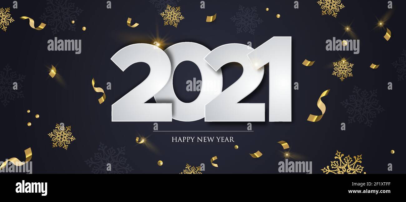 Bonne année 2021 bannière web illustration, luxe hiver concept de fête avec des confettis d'or et des flocons de neige tombant sur fond noir. Design élégant Illustration de Vecteur