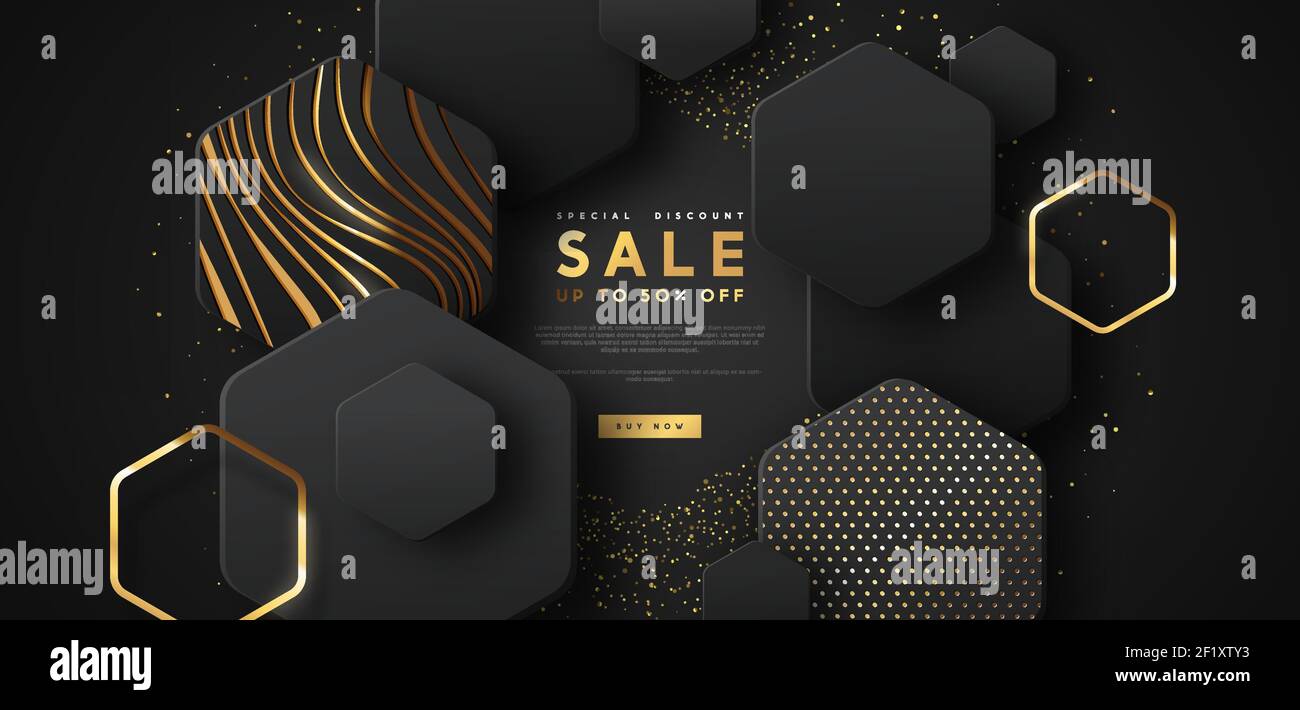 Vente spéciale remise web template illustration, luxe 3d forme géométrique fond avec or formes abstraites. Promotion des affaires de technologie moderne, Illustration de Vecteur