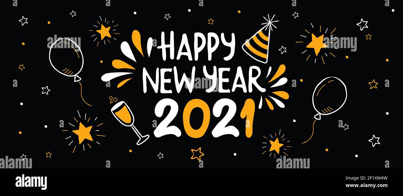 Bonne année 2021 bannière Web de fête. Un dessin animé fait main pour les fêtes. Inclut une étoile d'or, un ballon et une boisson au champagne. Illustration de Vecteur