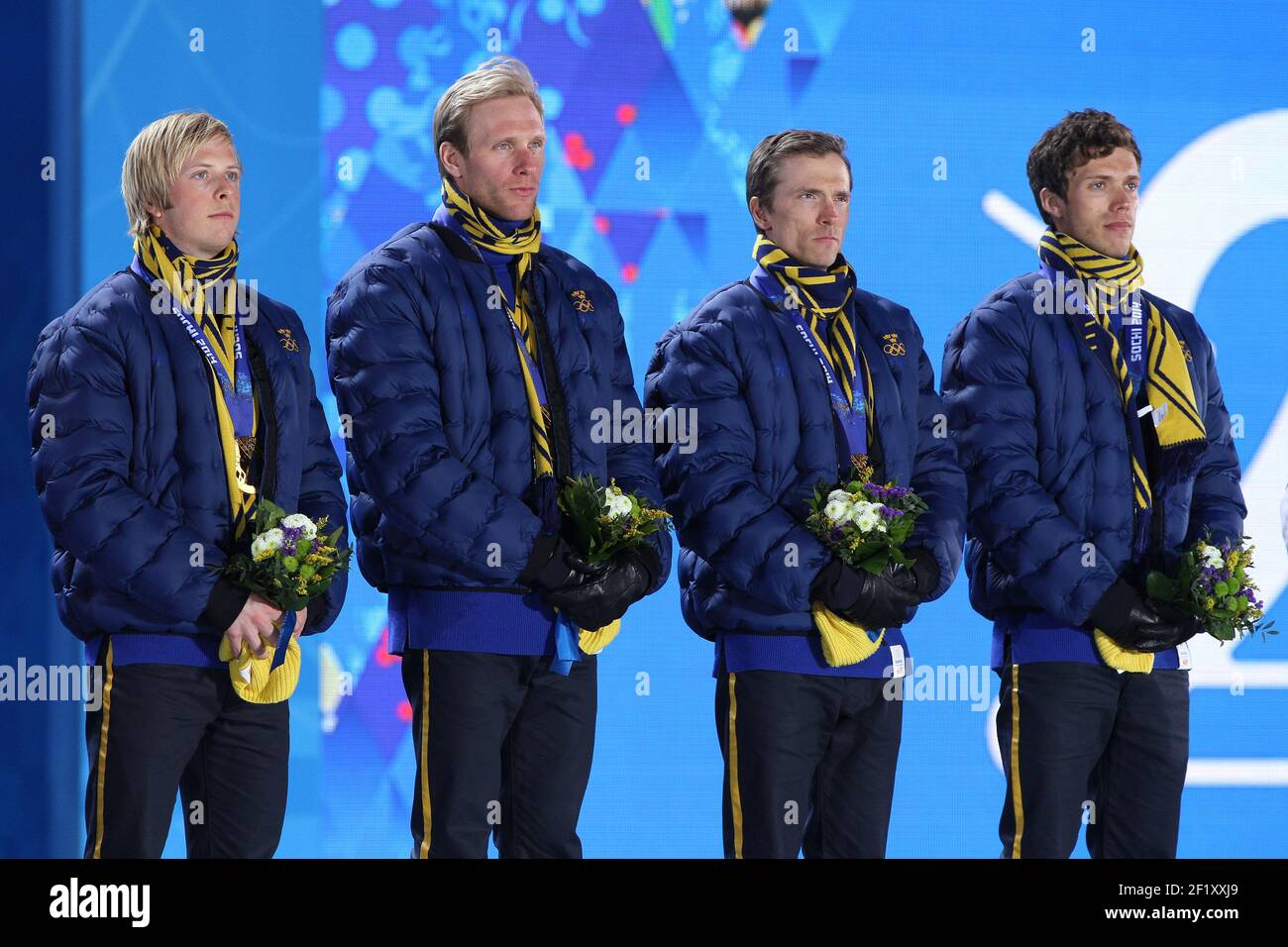 Ski de fond Relais masculin 4 X 10 km Podium, l'équipe de Suède (Lars Nelson, Daniel Richardsson, Johan Olsson, Marcus Hellner) est médaillé d'or, à la place des médailles lors des XXII Jeux Olympiques d'hiver Sotchi 2014, jour 10, le 17 février 2014 à Sotchi, Russie. Photo Pool KMSP / DPPI Banque D'Images