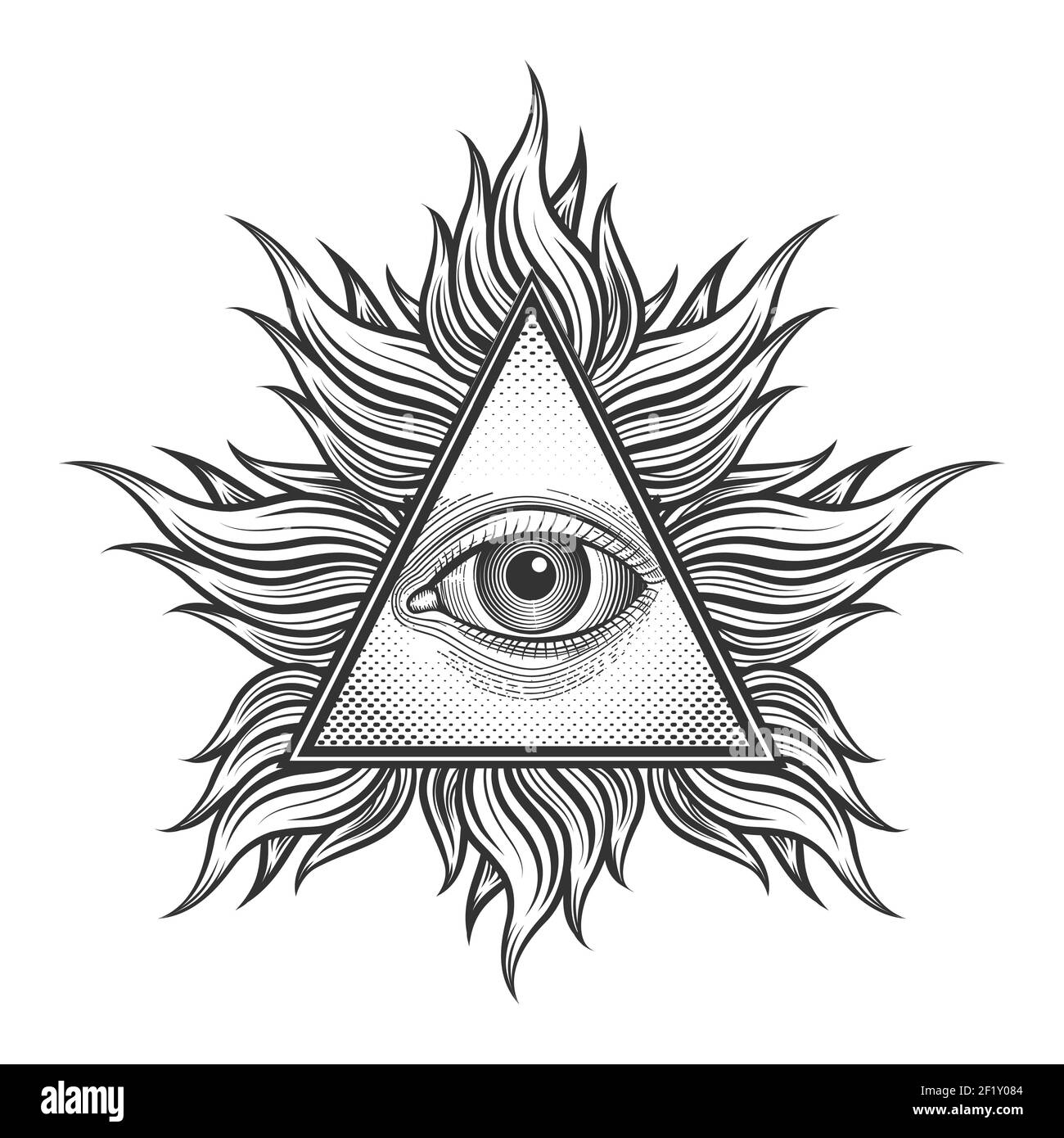 Tous les yeux voyant symbole pyramide dans le style tatouage gravure. Freemason et spirituel, illuminati et religion, triangle magique, illustration vectorielle Illustration de Vecteur