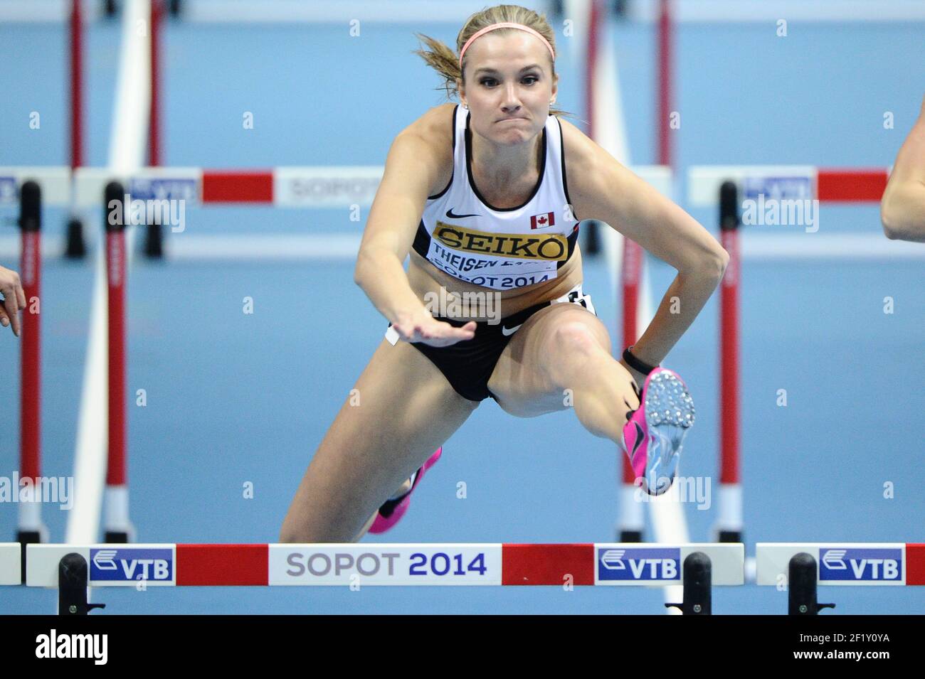 Brianne Theisen Eaton (CAN) concurrence sur 60 m haies Pentathlon lors des Championnats du monde en salle de l'IAAF 2014, à Sopot, en Pologne, le 7 mars 2014, Photo Stephane Kempinaire / KMSP / DPPI Banque D'Images