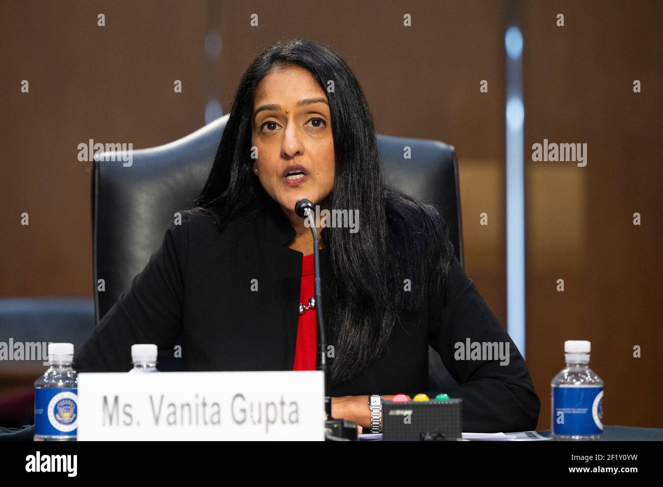 Washington, États-Unis. 09e mars 2021. Vanita Gupta, prête à être nommée procureur général adjoint du ministère de la Justice, prenant la parole à l'audience du Comité judiciaire du Sénat au Capitole des États-Unis. Crédit : SOPA Images Limited/Alamy Live News Banque D'Images